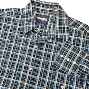Wrangler Men's M Western Pearl Snap Long Sleeve Plaid Shirt Turquoise Navy White